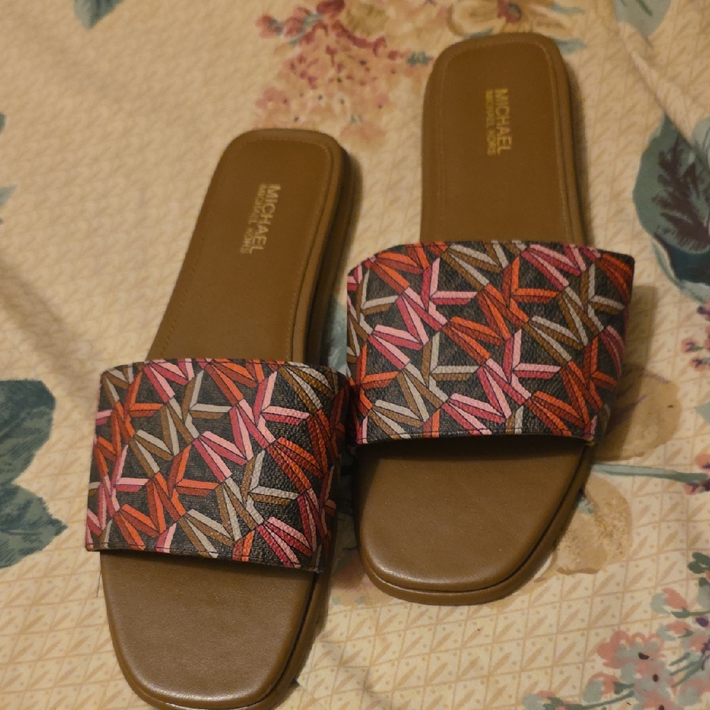 Michael Kors Pink & Brown Patterned Slide Sandals